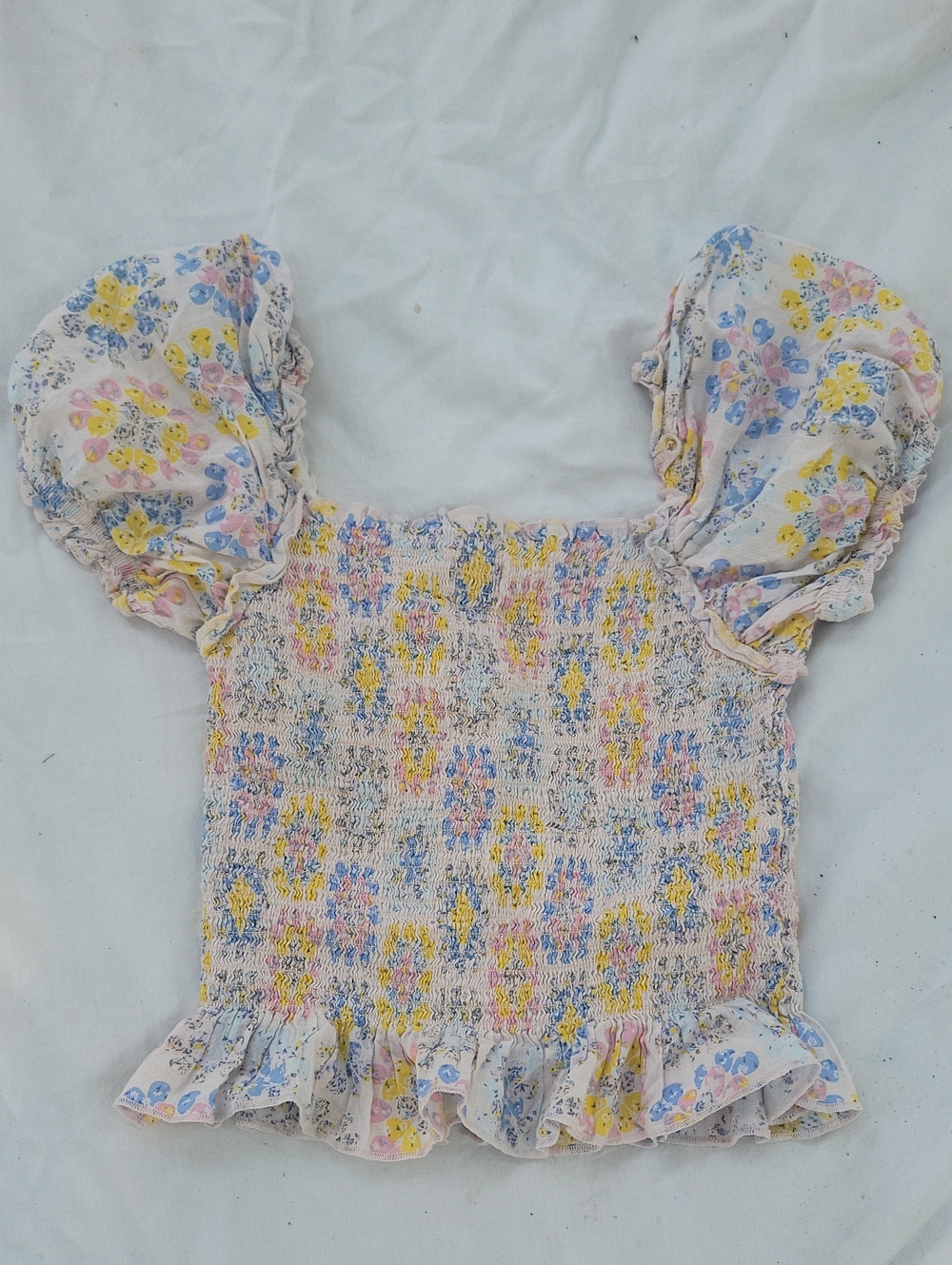Wonder Nation Pastel Floral Smocked Puff-Sleeve Top Youth Size L (10-12)